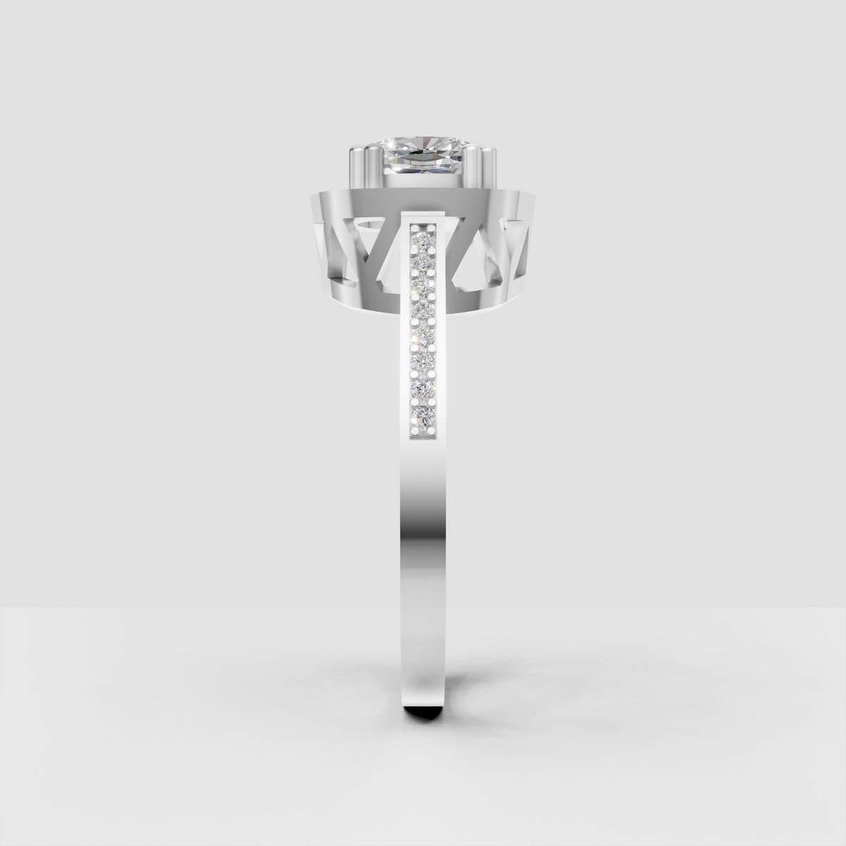 Cushion halo engagement ring with detailed open gallery and diamond accents