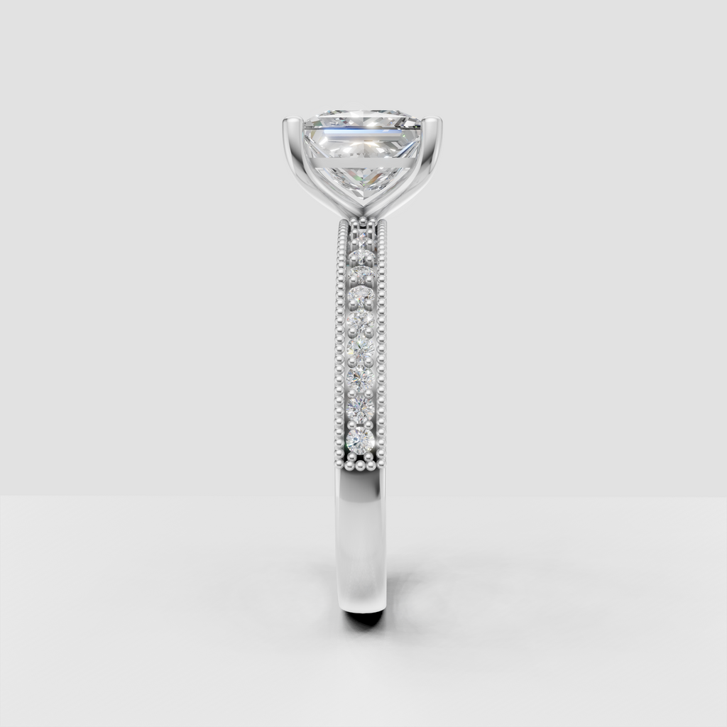 Detailed princess diamond engagement ring with milgrain edges and round side stones