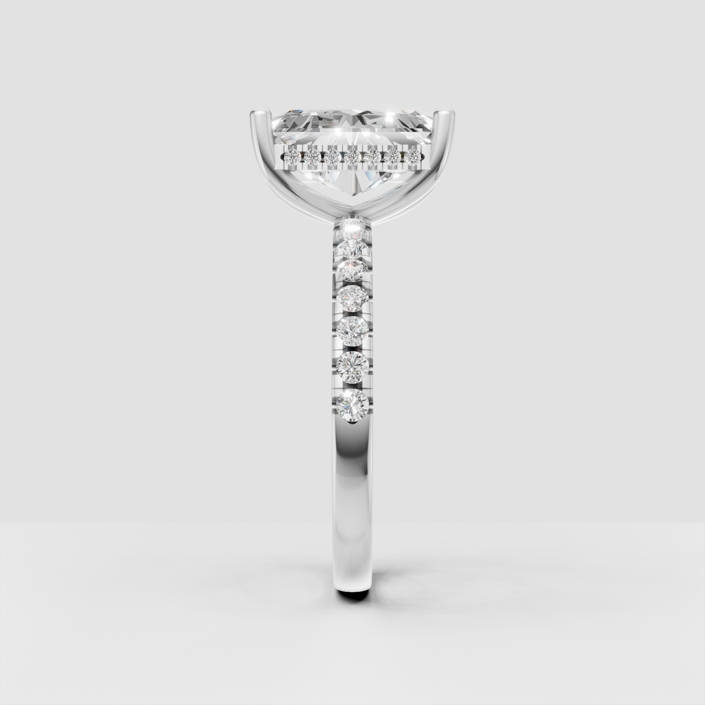 Radiant center stone engagement ring with hidden halo detail