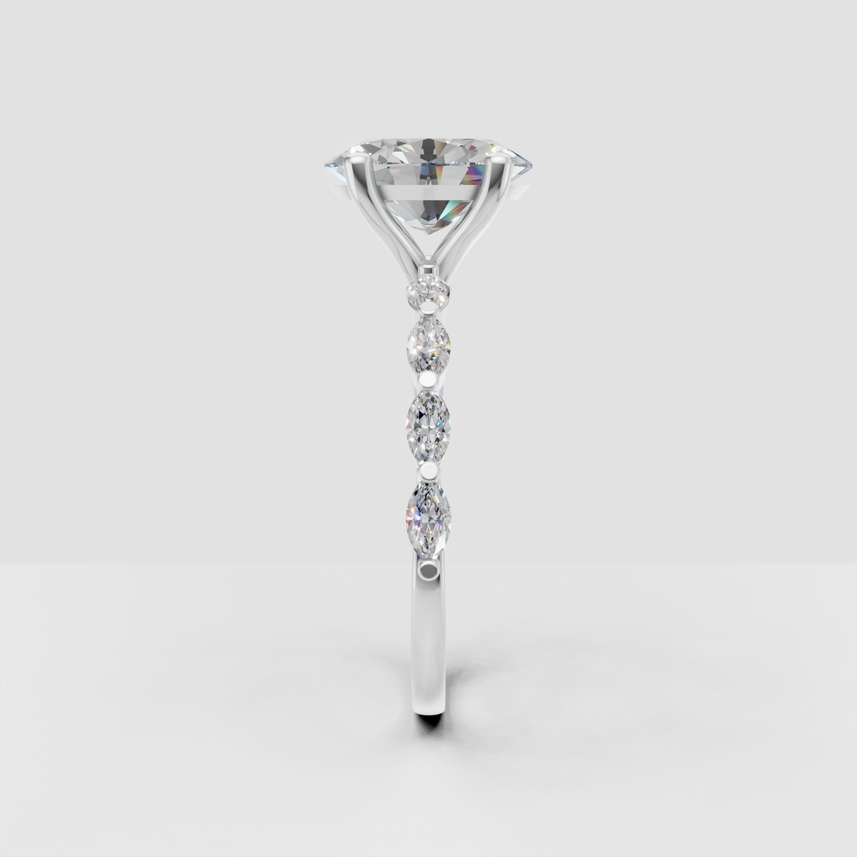 Oval diamond cathedral setting ring with four rounded prongs