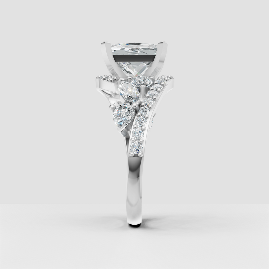 Elegant Princess diamond engagement ring with round and pear accent stones