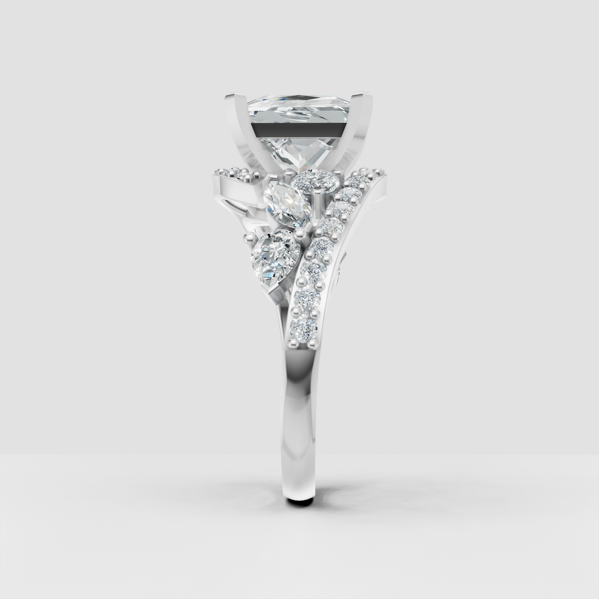 Elegant Princess diamond engagement ring with round and pear accent stones