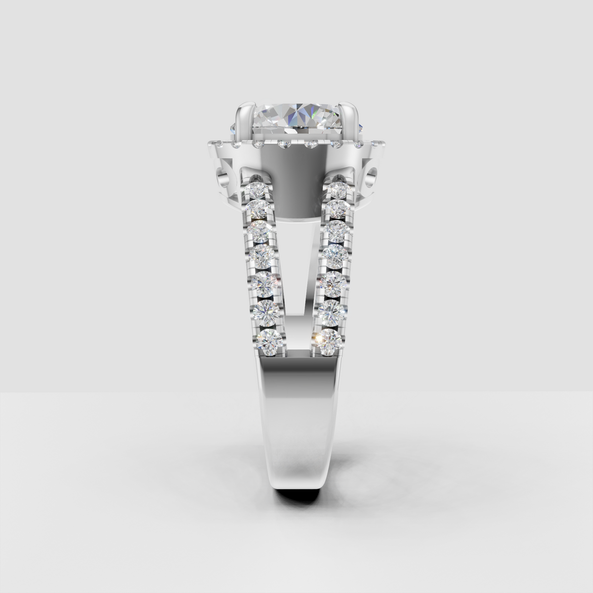 Vintage-inspired round diamond engagement ring with halo and split band