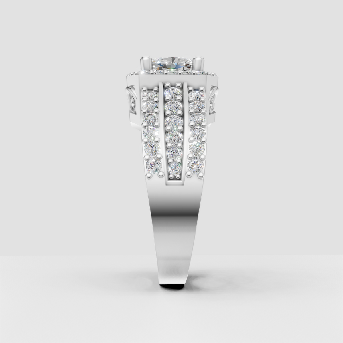 Cushion canter diamond ring with beaded halo detailing