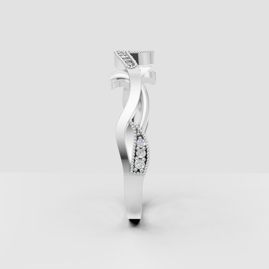 Diamond crossover band with two sweeping stone-set curves