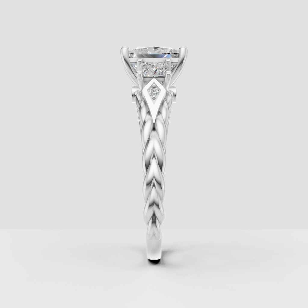 Vintage inspired three stone diamond ring with princess cut center