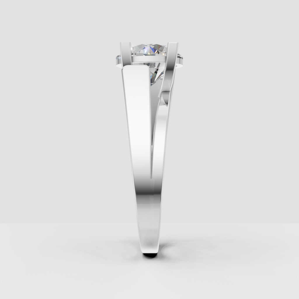 Luxury round cut diamond engagement ring with sculptural gold shoulders