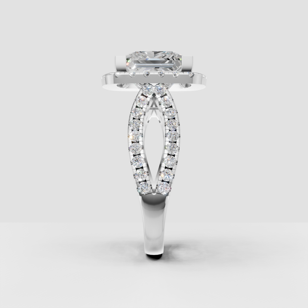 Yellow gold princess diamond engagement ring with round diamond halo
