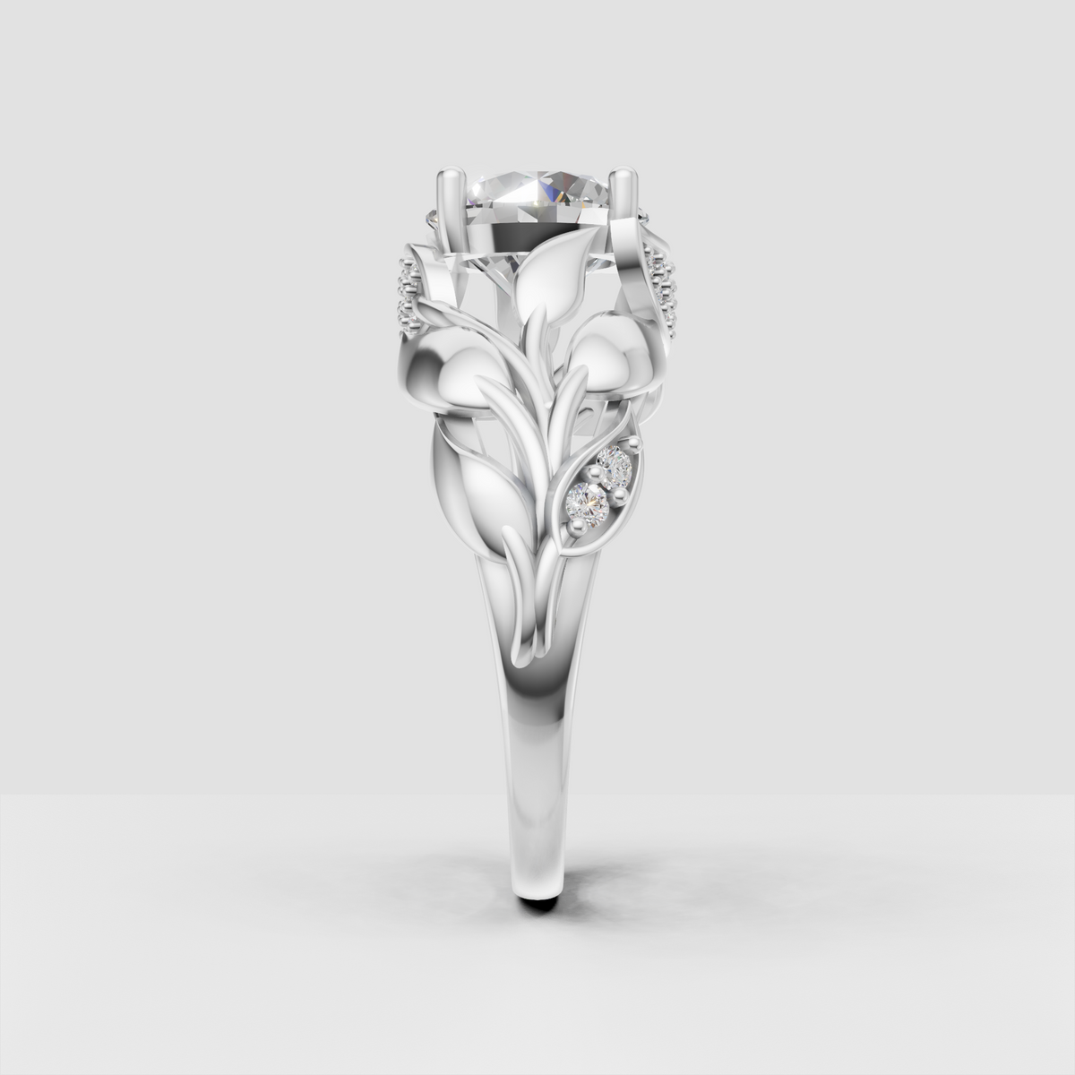 Nature inspired engagement ring with round center diamond