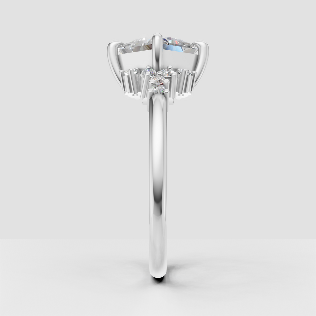Princess cut diamond ring with intricate floral shoulder detailing