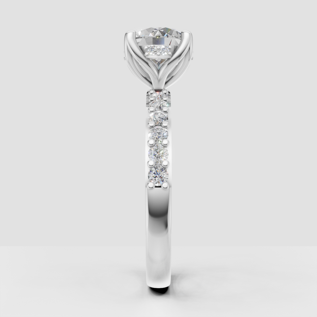 Round diamond halo engagement ring with sculptural gold setting