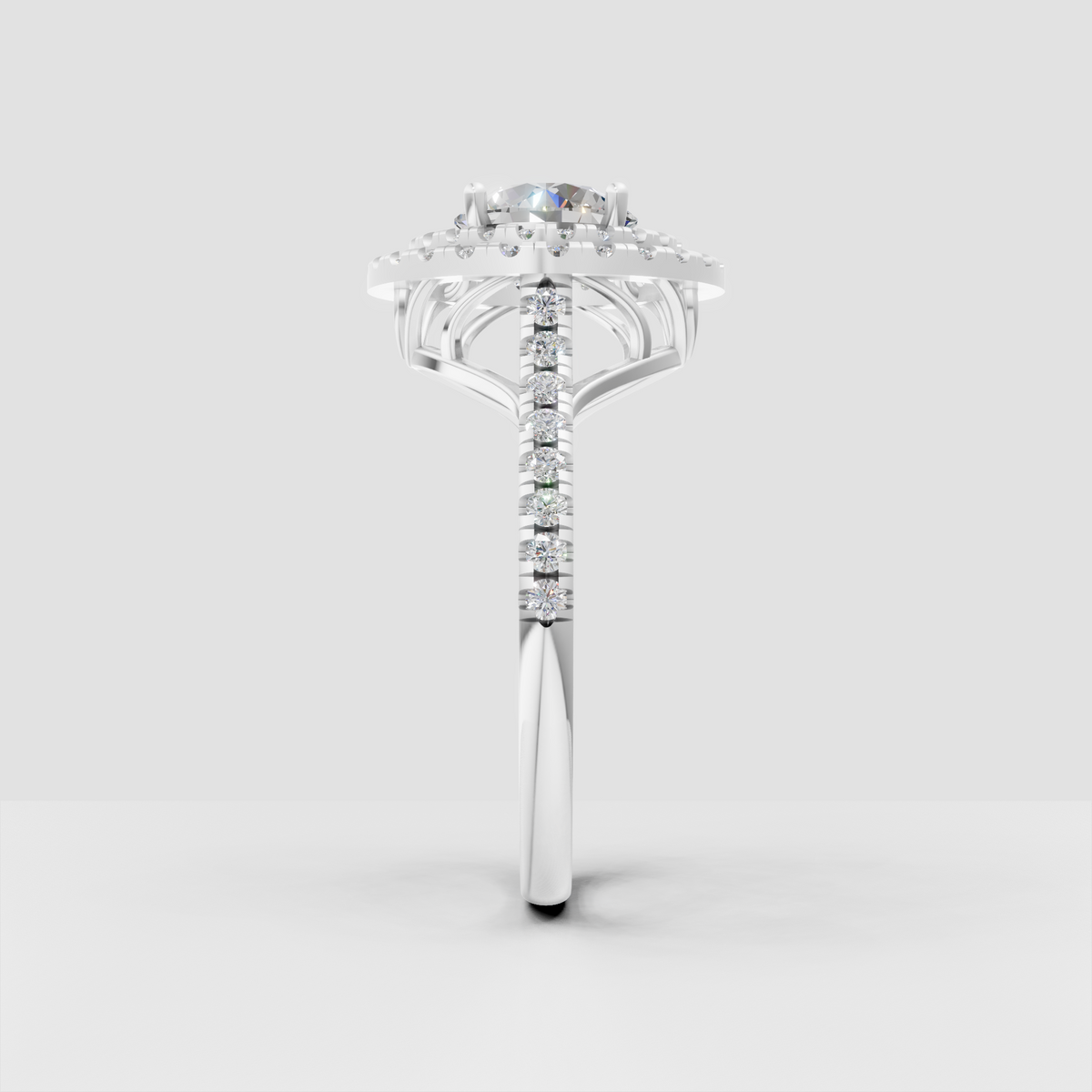 Ornate floral shaped engagement ring with round center diamond