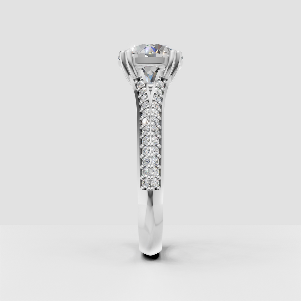 Yellow gold Round Diamond engagement ring with bead-set pavé diamonds along the band