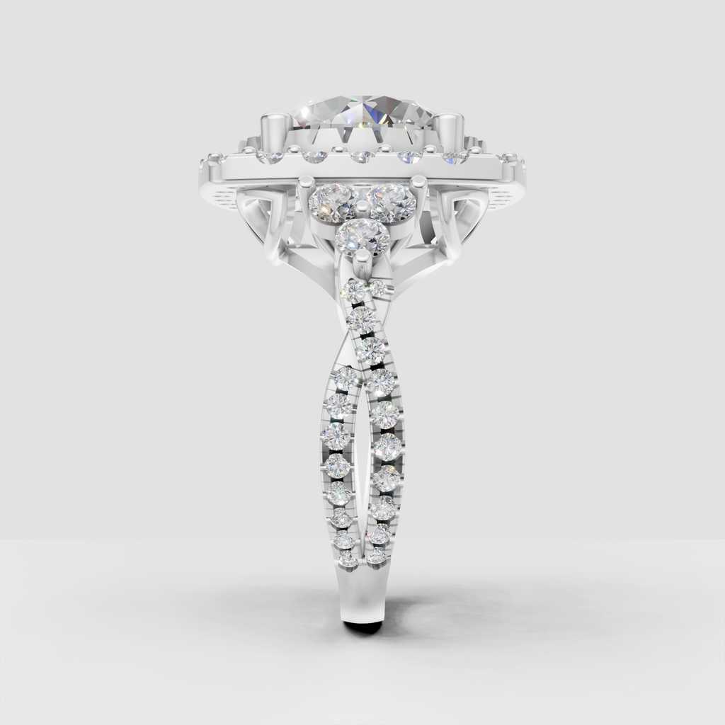 Yellow gold halo engagement ring with diamond-accented split shoulders