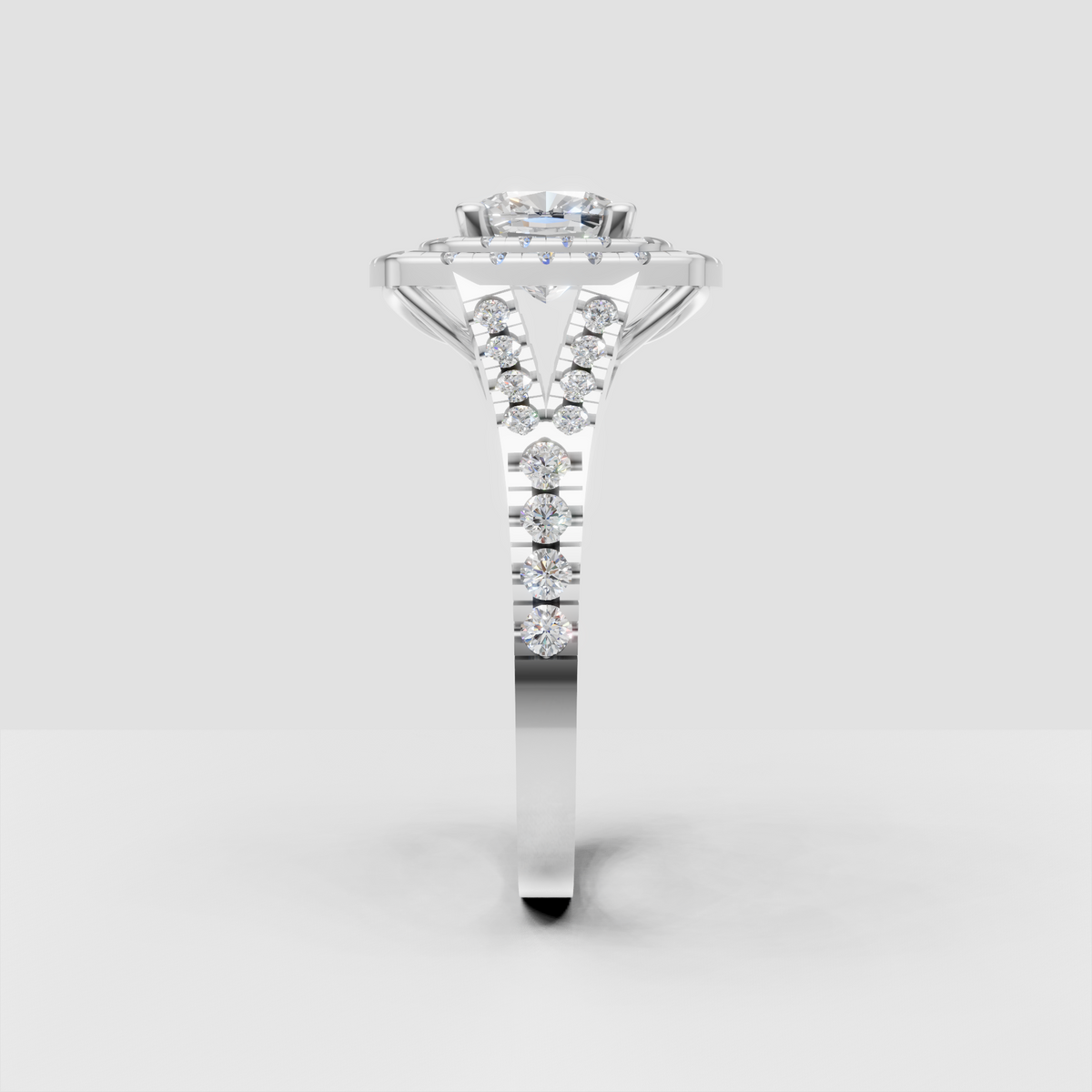 Ornate cushion cut engagement ring with three rows of round diamonds