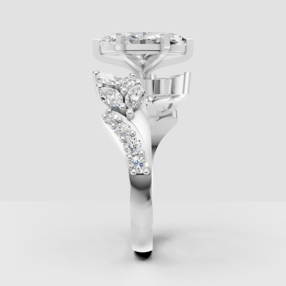 Floral marquise diamond ring with curved bypass shoulders