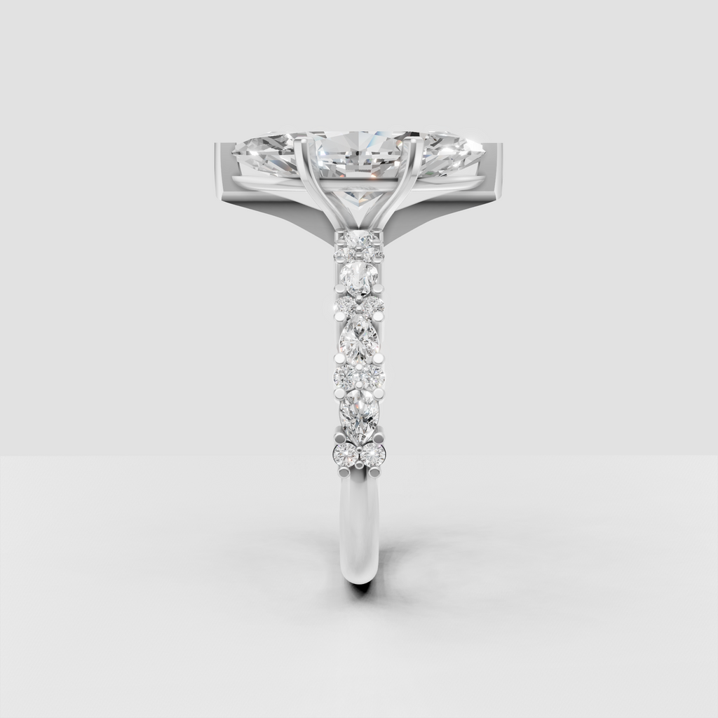 Polished yellow gold ring with elongated marquise center diamond