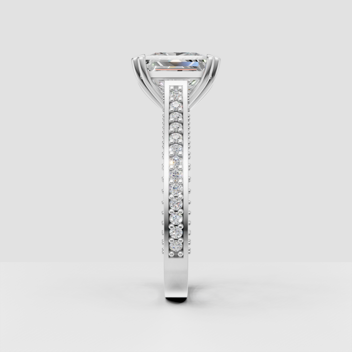 Square diamond engagement ring with cathedral-inspired setting and claw prongs