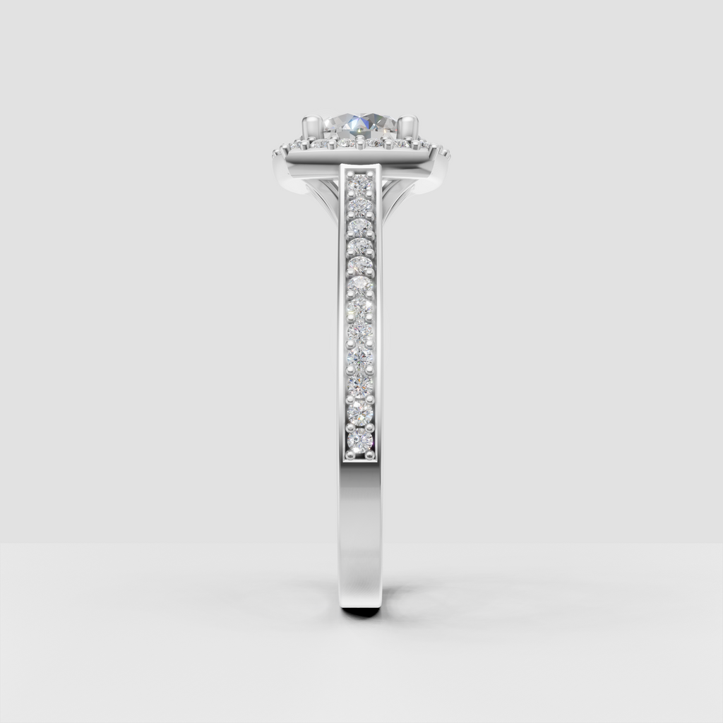 Classic round diamond ring with four-prong halo setting