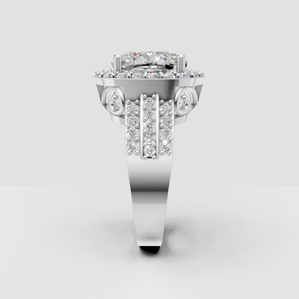 Ornate cushion cut diamond ring in yellow gold with halo setting