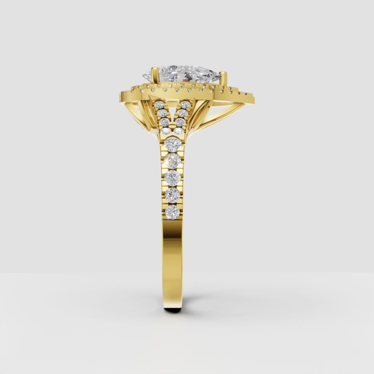 Luxury pear diamond halo engagement ring with pave band