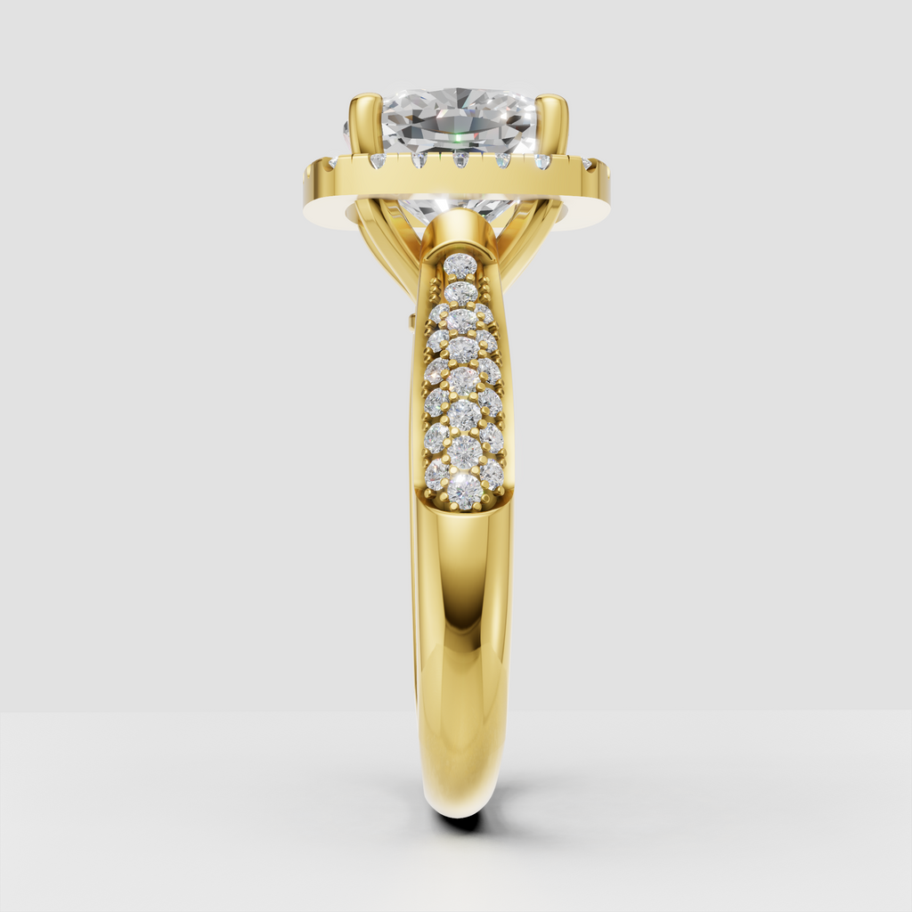 Yellow gold cushion diamond halo ring with pavé shoulders