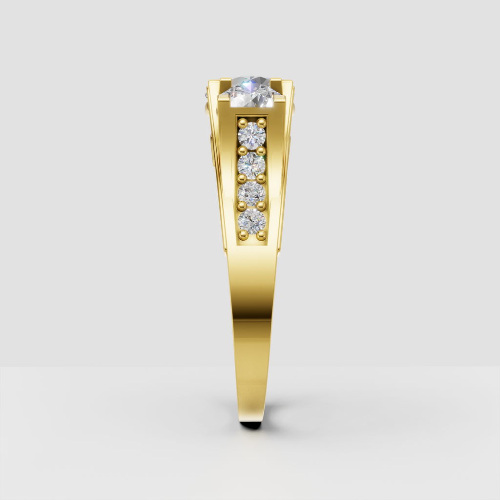 14K gold three stone ring featuring round center diamond