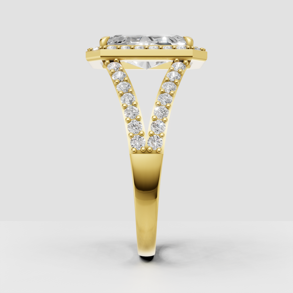 Rectangular radiant cut diamond ring with four prongs