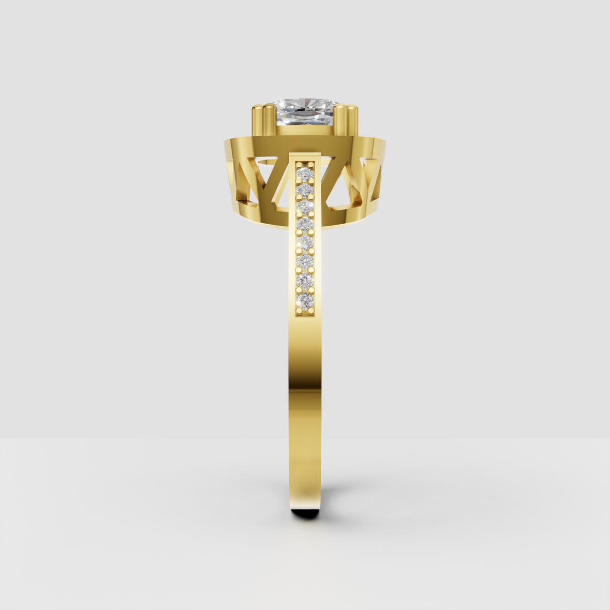 Cushion diamond engagement ring featuring a halo setting and pavé band