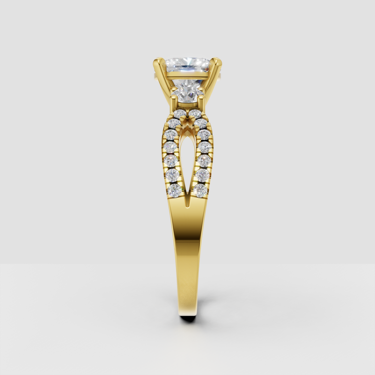 Yellow gold three stone round diamond engagement ring