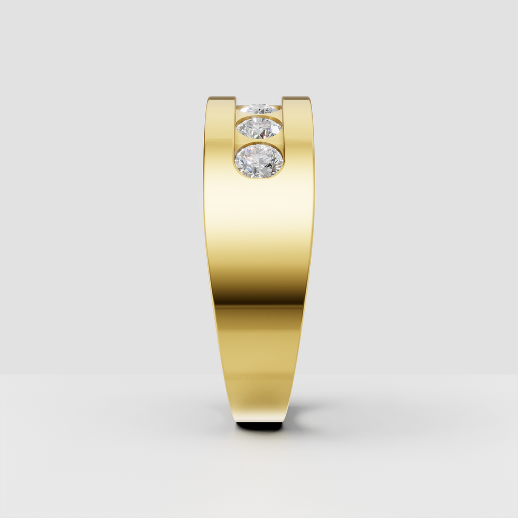Channel set round cut diamond wedding band with wide polished gold band