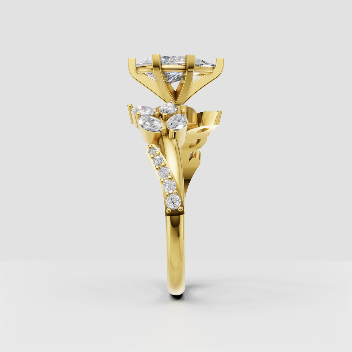 Nature inspired pear diamond engagement ring with leaf details