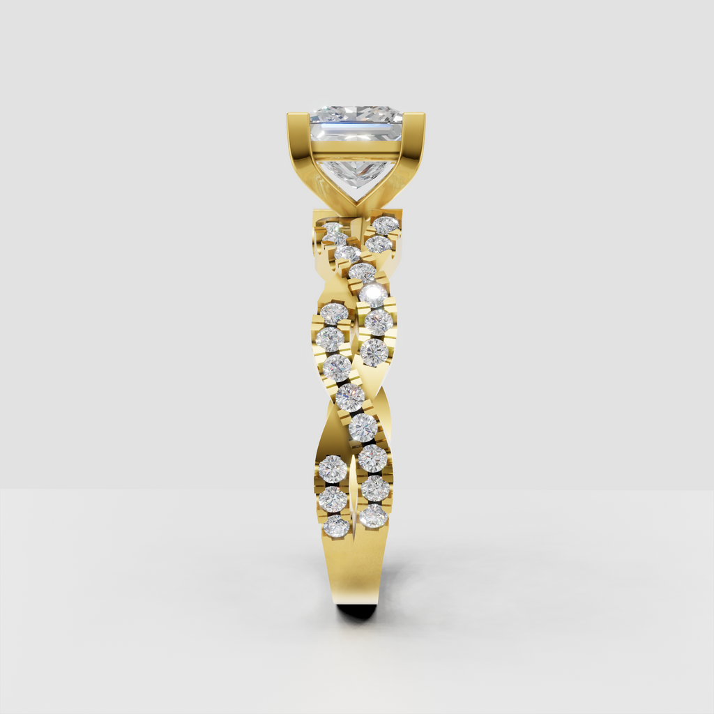 Princess cut diamond engagement ring featuring a split crossover shank