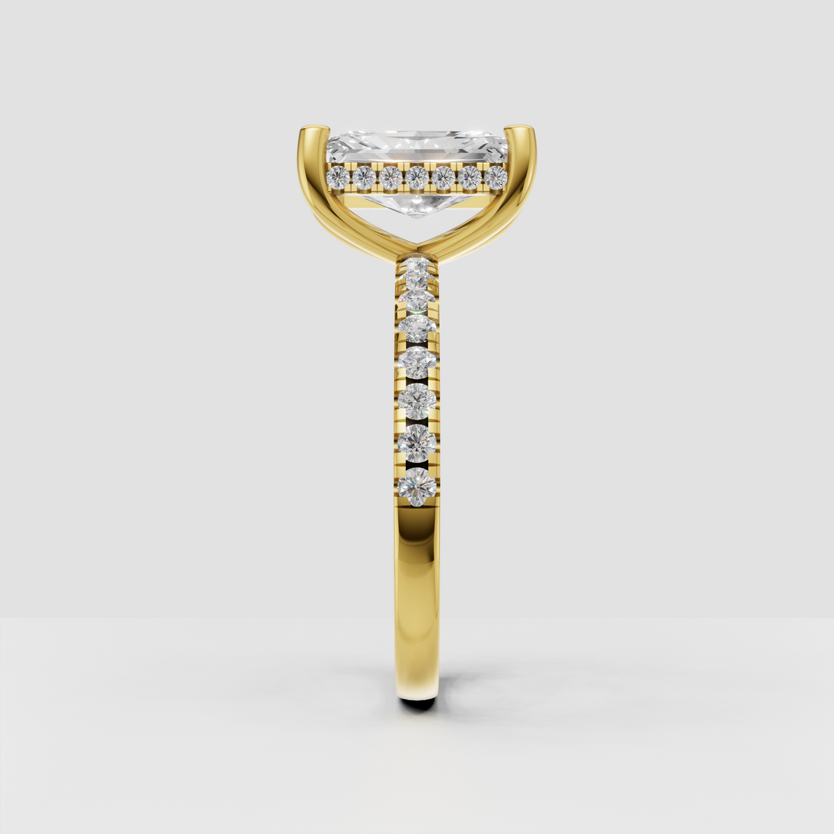 Elegant radiant diamond hidden halo ring with accent diamonds