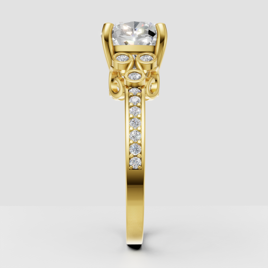 Yellow gold cushion diamond ring with four rounded prongs