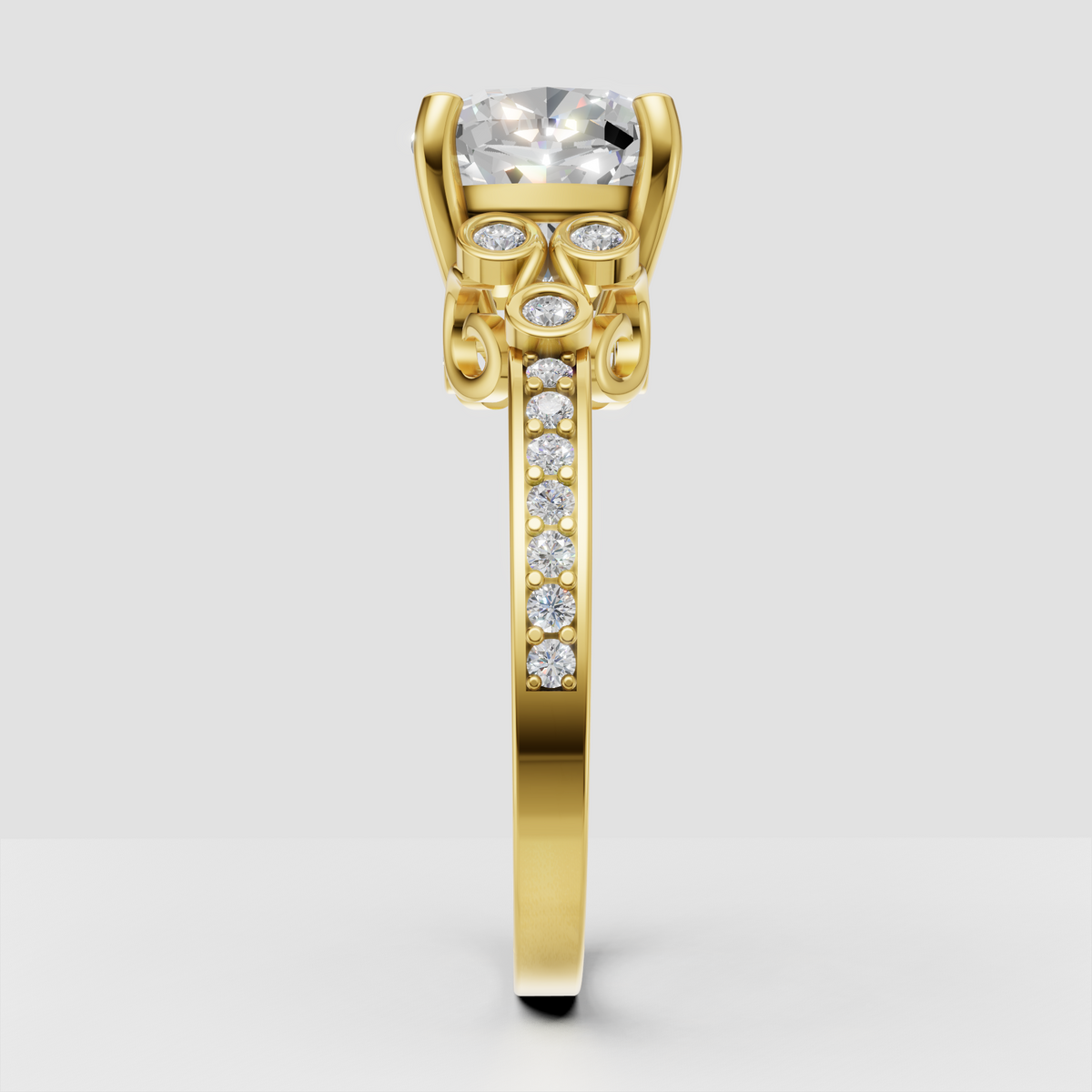 Yellow gold cushion diamond ring with four rounded prongs
