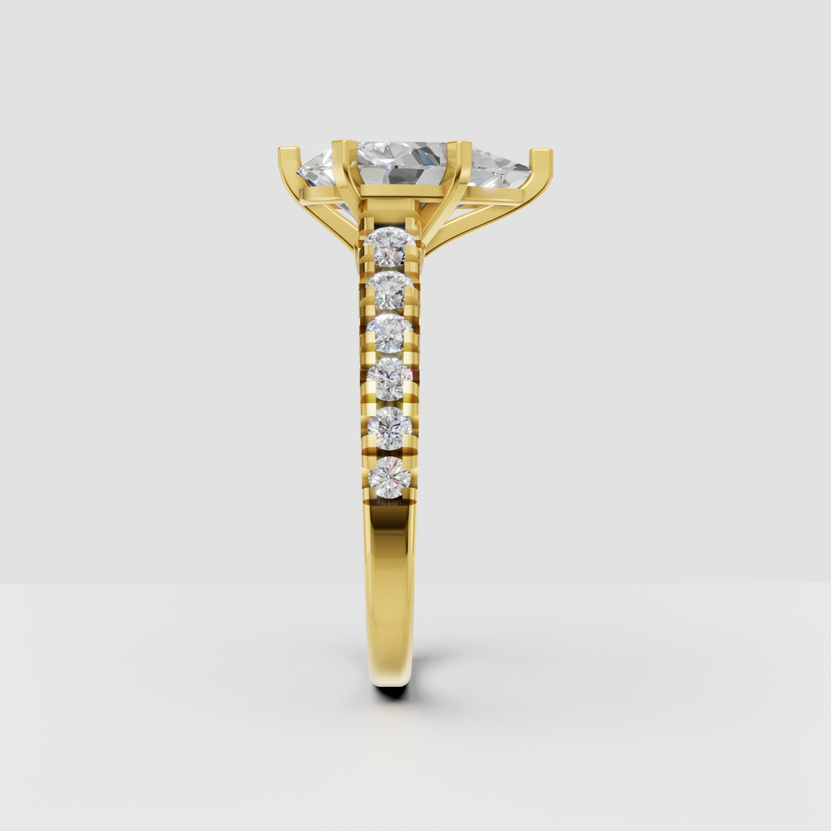 Pear cut diamond ring with six prongs, raised cathedral setting, and detailed open scrollwork gallery.