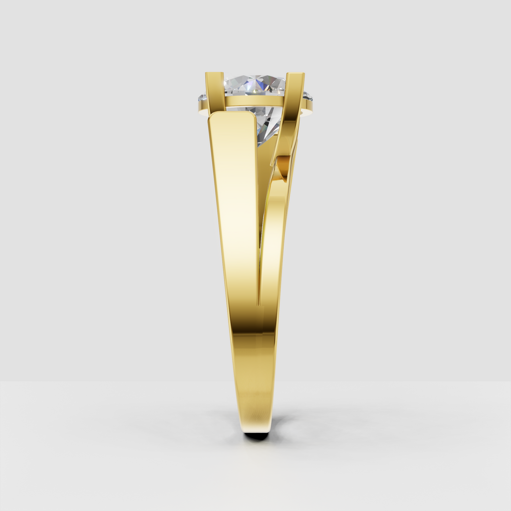 Yellow gold round cut diamond ring with sculptural crossover shoulders