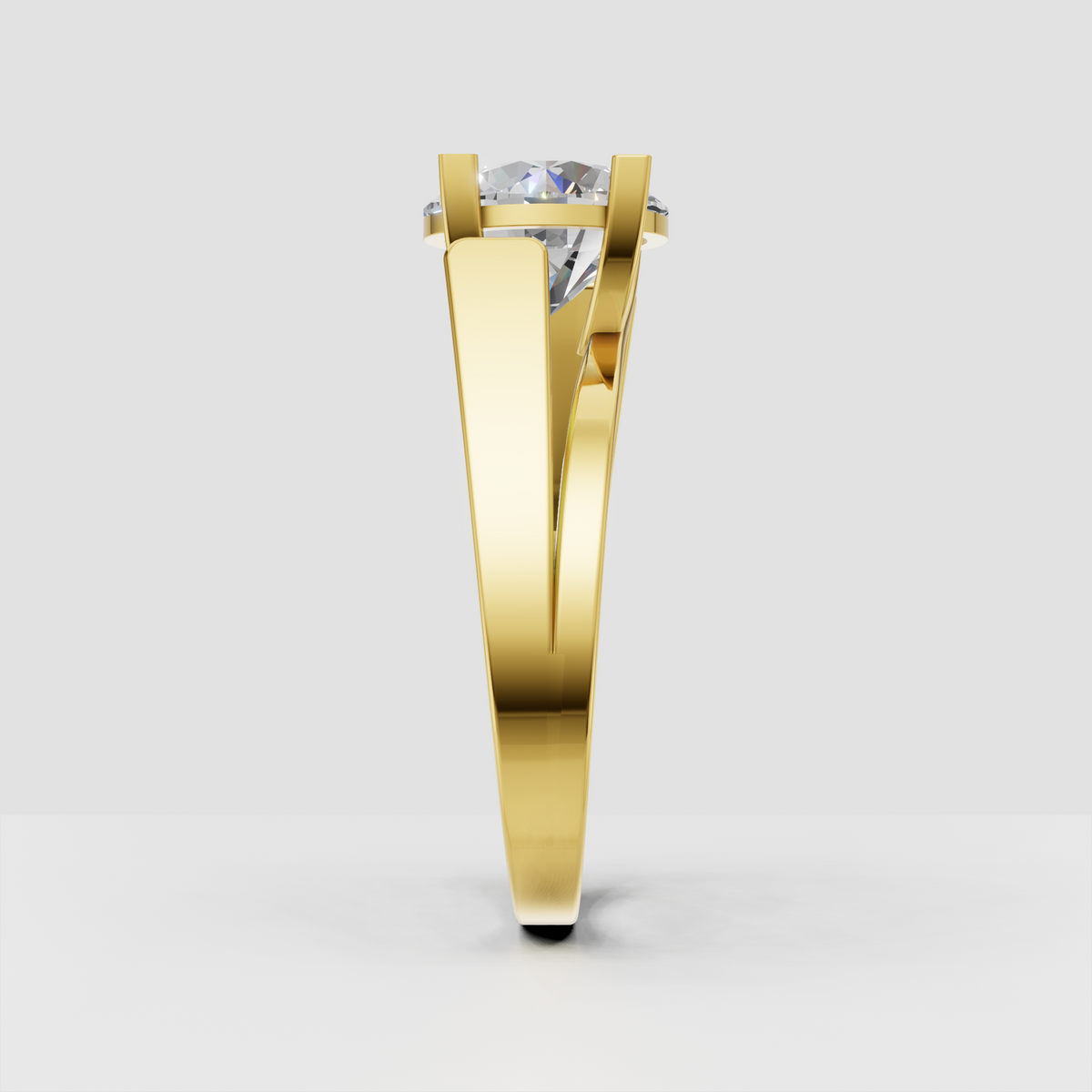 Yellow gold round cut diamond ring with sculptural crossover shoulders