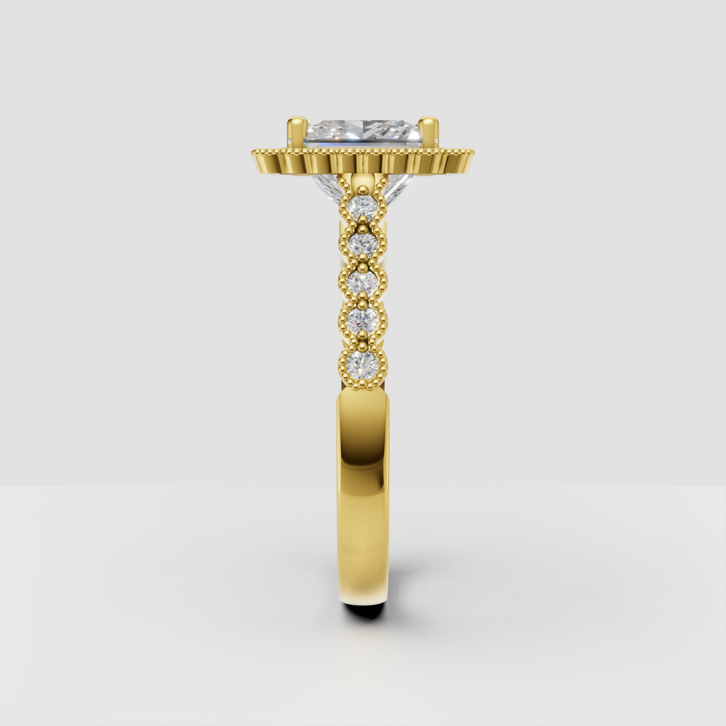 Princess cut diamond ring featuring sparkling round stone halo and pave band