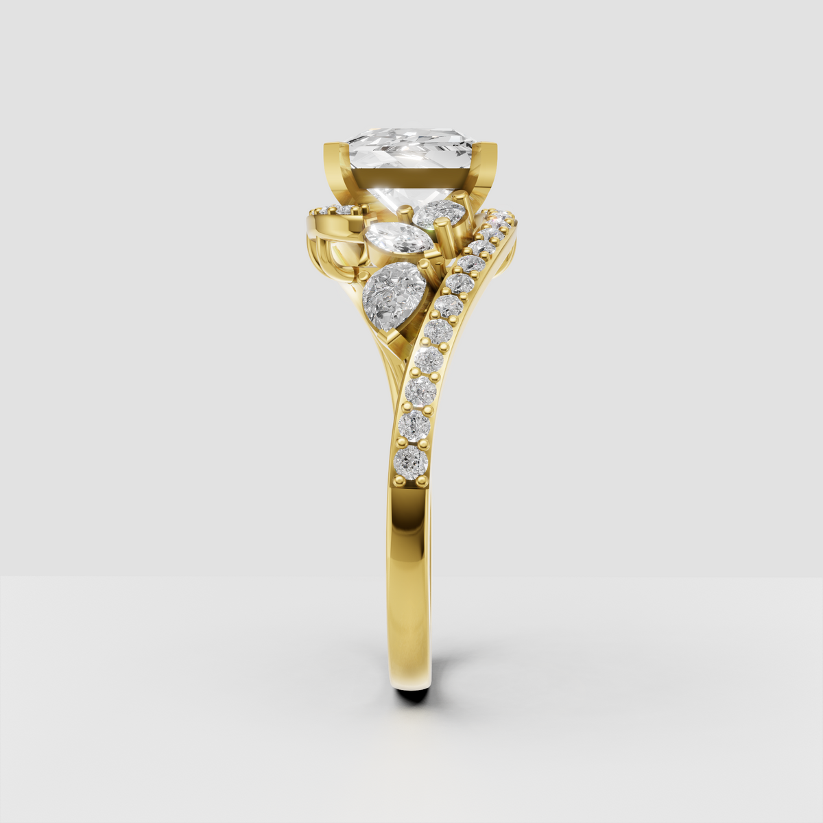 Yellow gold princess diamond engagement ring with bypass band