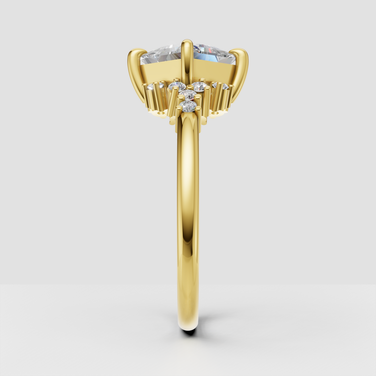 Yellow gold princess cut ring with pear and round accent stones