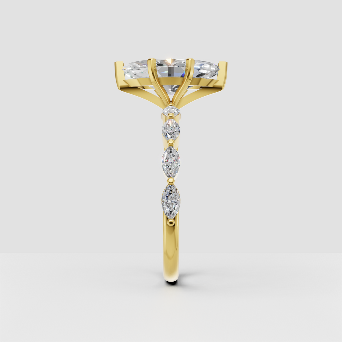 Yellow gold marquise cut diamond cathedral ring
