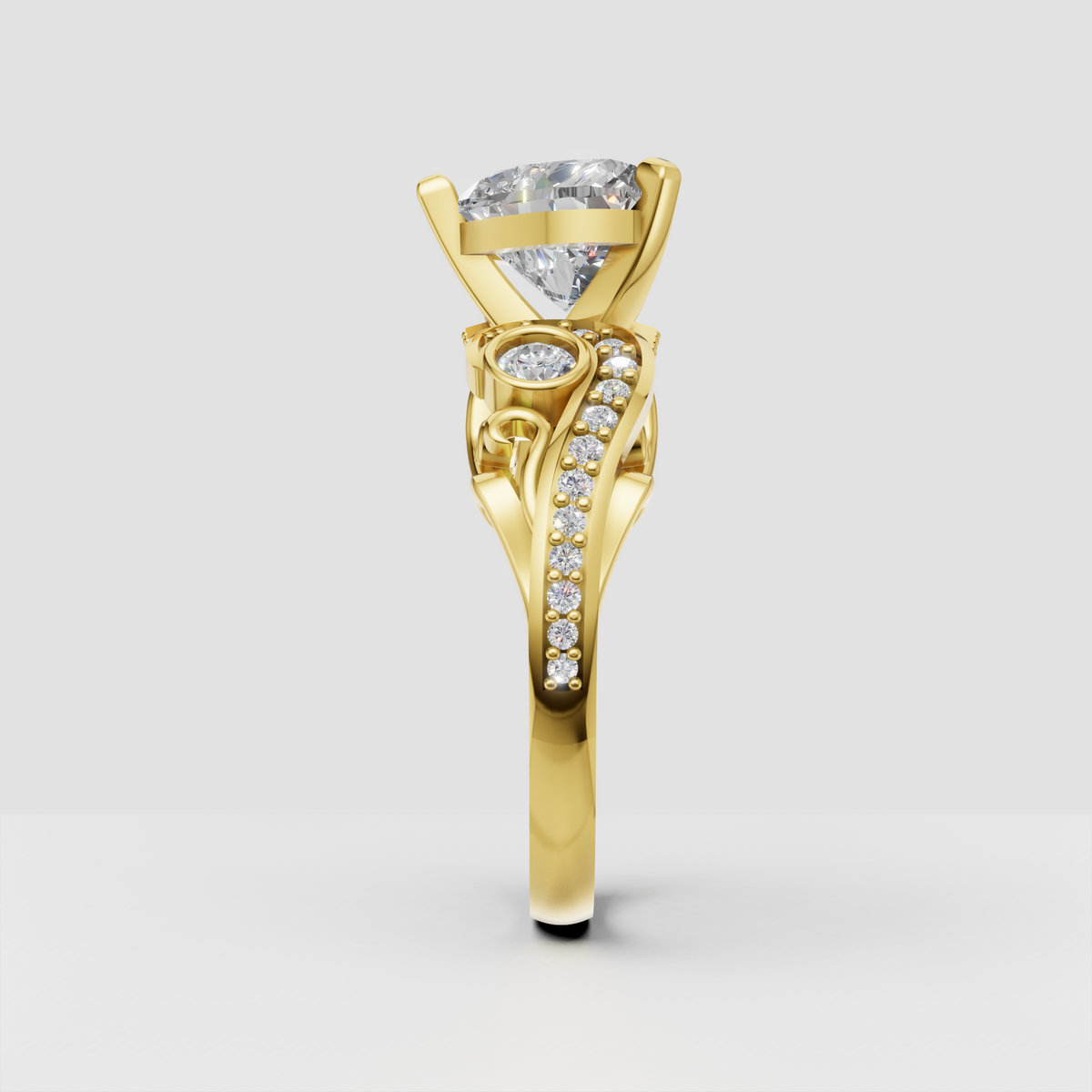 Yellow gold heart diamond ring with prong setting and ornate scrollwork