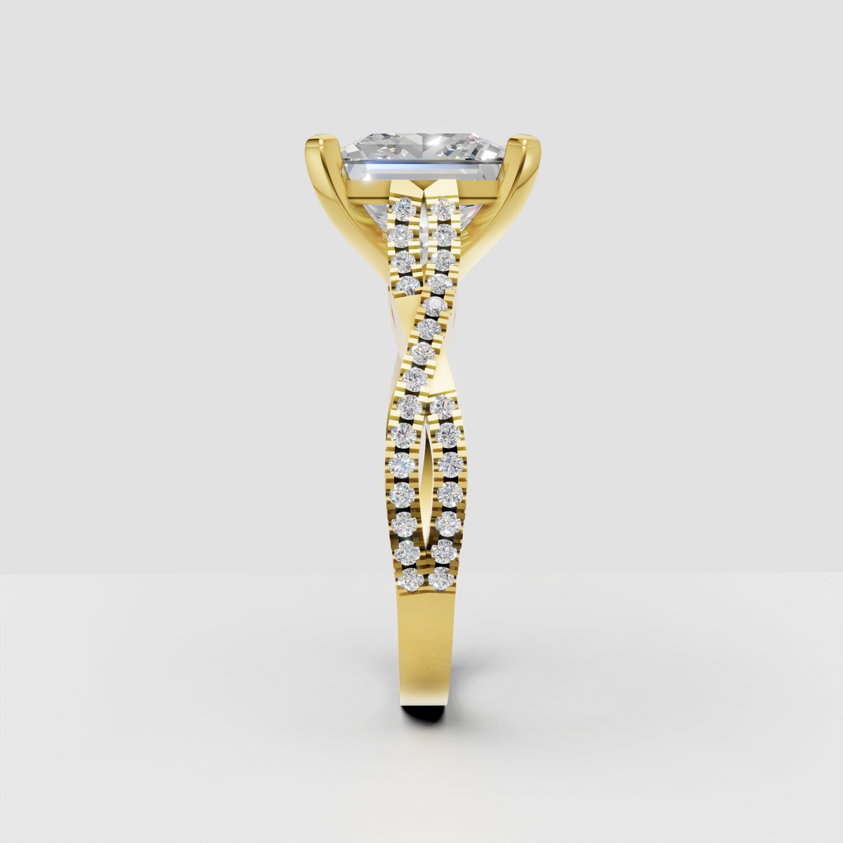 Princess diamond engagement ring featuring an elevated four-prong cathedral-inspired setting