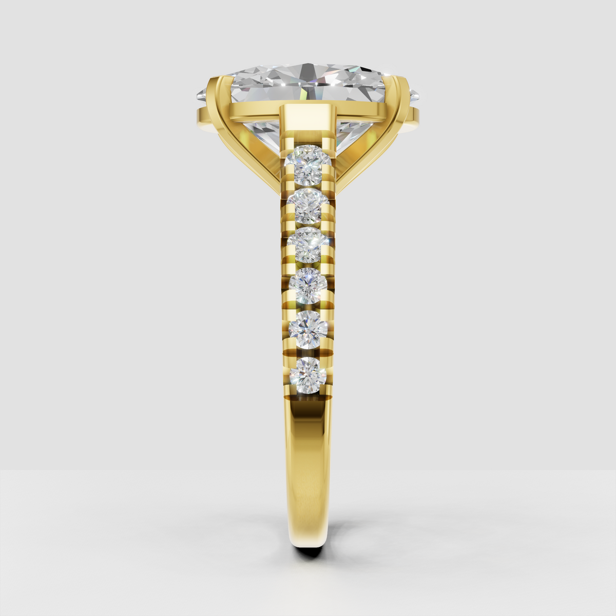 Oval cut diamond ring with cathedral-style elevated setting