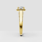 Yellow gold round diamond halo engagement ring with ornate gallery