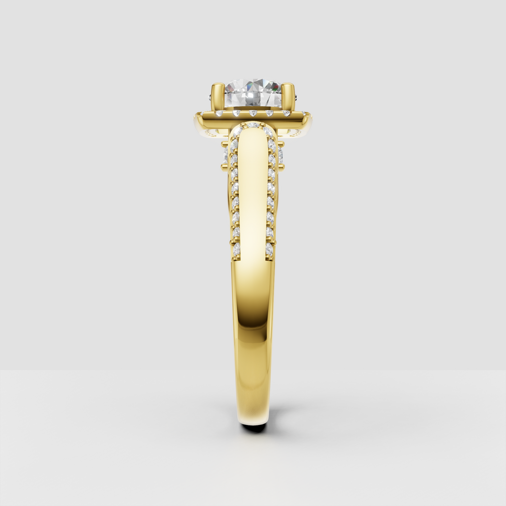 Yellow gold round diamond halo engagement ring with ornate gallery