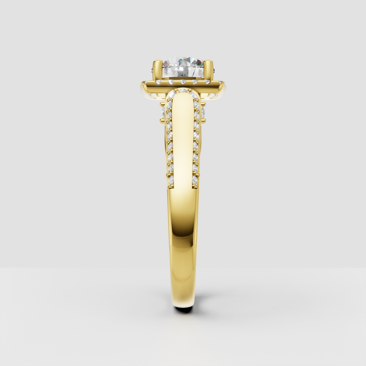 Yellow gold round diamond halo engagement ring with ornate gallery