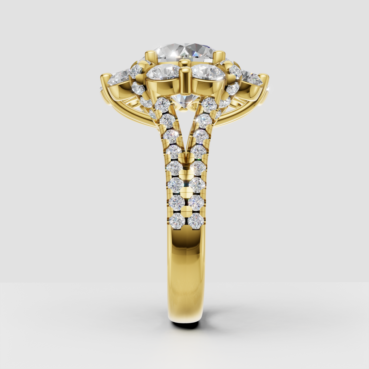 Round center diamond surrounded by sparkling halo stones